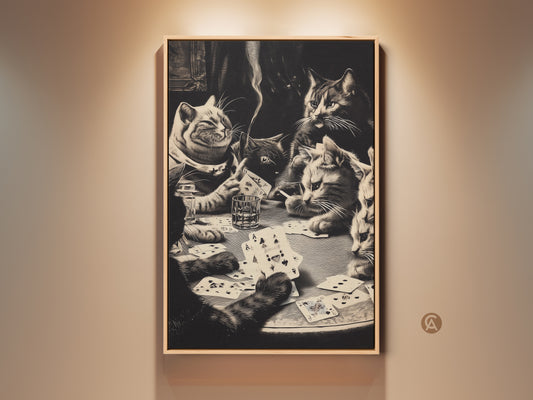 Vintage cats playing poker art print displayed in a room setting. The artwork features a monochrome sepia tone. This funny cat lover gift adds an eclectic touch to home decor. The animal artwork is a unique wall art piece.