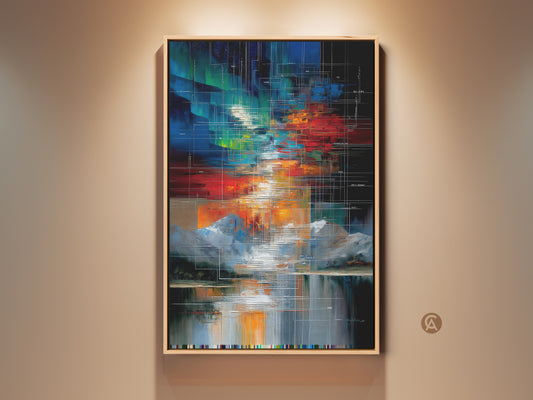 This geometric abstract canvas print features a mountain lake scene with a red green and blue palette. It is a modern and contemporary artwork displayed in a wooden frame. This piece adds a touch of sophistication to any space Perfect for living rooms home offices or entryways.