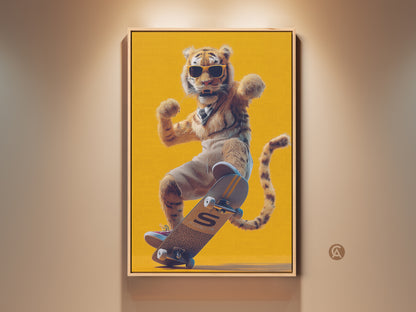 Retro tiger on skateboard art print a playful addition to any space. This humorous animal artwork with a cool yellow and orange palette suits a teen room or man cave. Ideal as a birthday gift for gamers and skaters.