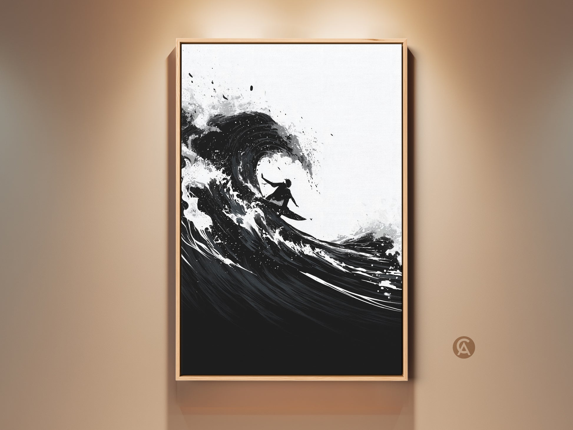 Monochrome surfer art in a wood frame. This dynamic abstract wave canvas art print features a surfer. Black and white coastal art complements bedroom decor. A perfect surfing gift.