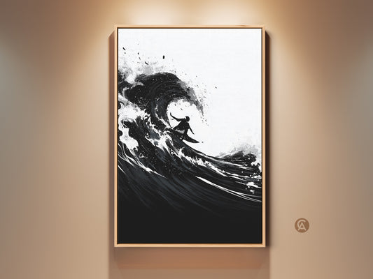 Monochrome surfer art in a wood frame. This dynamic abstract wave canvas art print features a surfer. Black and white coastal art complements bedroom decor. A perfect surfing gift.
