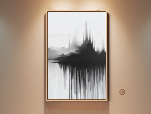 Framed minimalist soundwave mountain artwork creates an eye-catching focal point. The abstract landscape canvas in black and white lends contemporary charm. This soundwave inspired wall art complements your home decor. See it displayed under warm lighting adding dimension and sophistication.