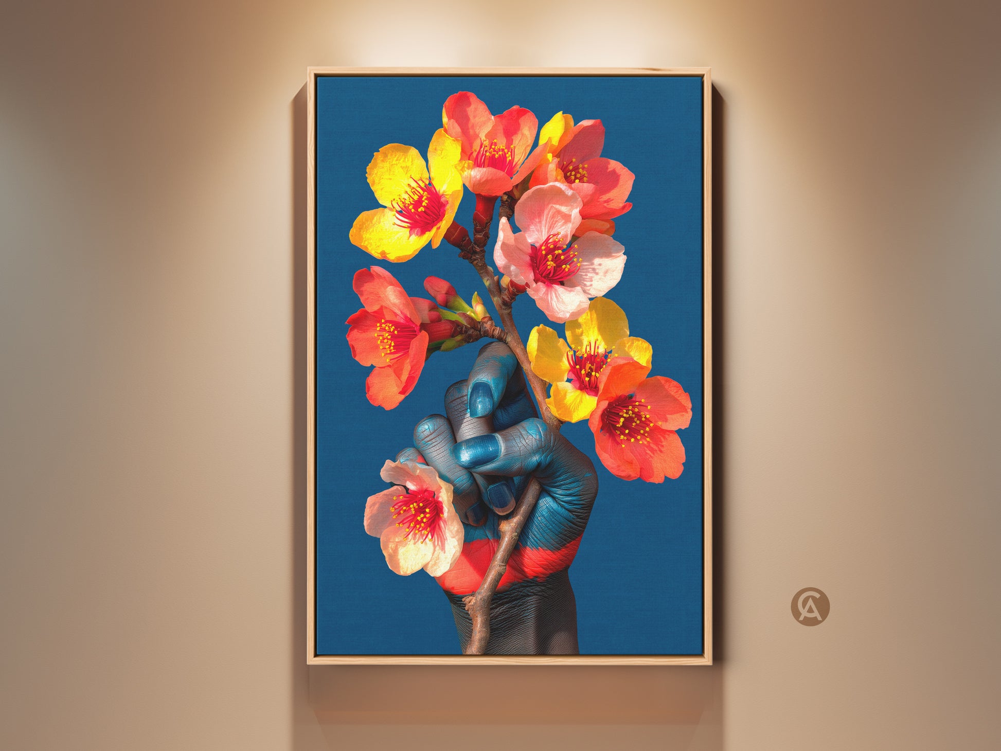 Eclectic botanical wall art featuring a hand holding flowers. This surreal hand flower art print blends blue hand art with orange red botanical elements. Perfect for eclectic home decor and housewarming gifts.