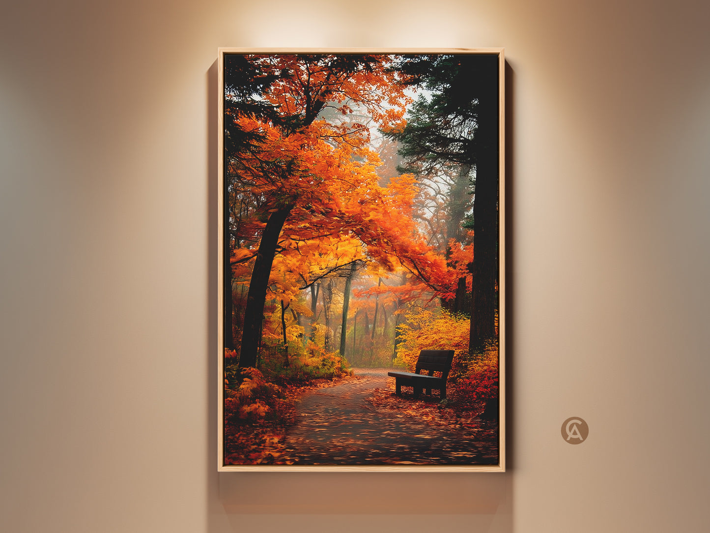 Experience the beauty of autumn with this framed artwork. It shows a park path lined with vibrant orange trees. A lone bench sits invitingly along the way. This gallery-wrapped canvas art print is ready to hang adding warmth to any space. Perfect for nature lovers seeking serene wall decor.