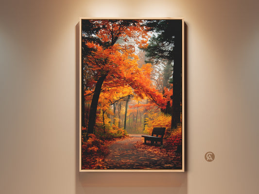 Experience the beauty of autumn with this framed artwork. It shows a park path lined with vibrant orange trees. A lone bench sits invitingly along the way. This gallery-wrapped canvas art print is ready to hang adding warmth to any space. Perfect for nature lovers seeking serene wall decor.