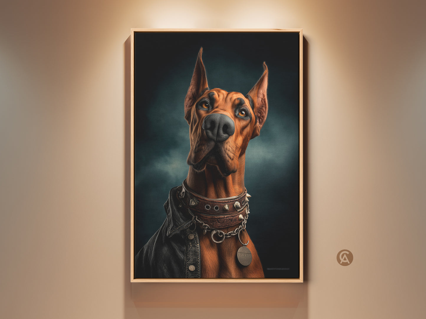 Framed Doberman wall art adds character to any room. This photorealistic Doberman art features a russet leather jacket and a studded collar. The eclectic russet and teal color palette enhances home decor. This unique dog portrait makes a great gift for dog lovers and owners.