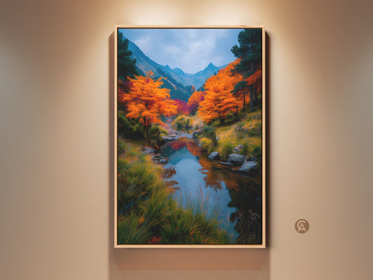 A framed artwork showcasing a serene river flowing through an autumn landscape. The vivid orange foliage contrasts with the cool blues of the water and distant mountains. This wall art adds natural beauty to any space. It is perfect for nature lovers.