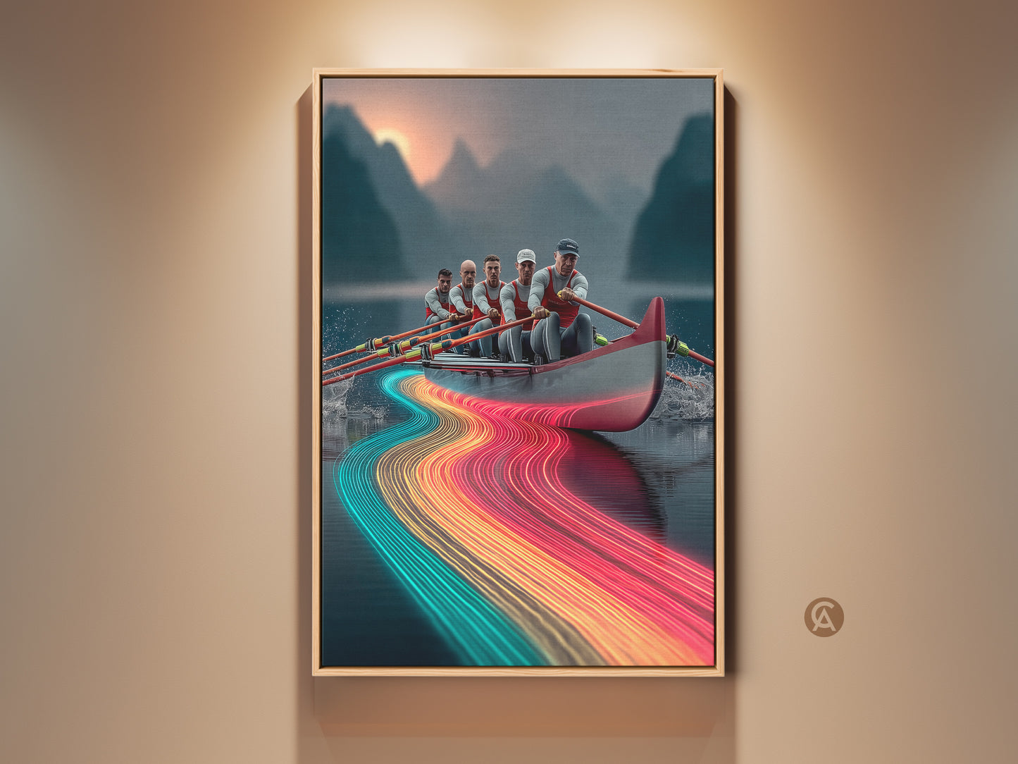 This is rowing team canvas art. A modern sports print features neon light trails. This office decor makes a great athlete gift. This colorful rowing artwork is contemporary. A team rowing print creates a vibrant sports art.