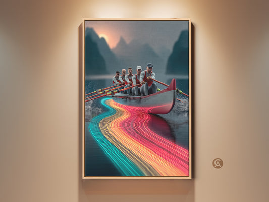 This is rowing team canvas art. A modern sports print features neon light trails. This office decor makes a great athlete gift. This colorful rowing artwork is contemporary. A team rowing print creates a vibrant sports art.