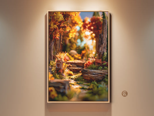 Framed forest path artwork. The wall art shows a miniature autumn forest scene. Warm colors create a cozy nature atmosphere. The art piece is displayed in a simple frame. Get this serene forest path artwork to enhance your home decor.