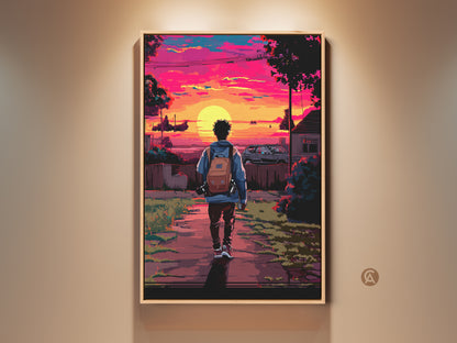 Framed Pixel Art Urban Sunset Print. The retrofuturism artwork shows a person with a backpack walking towards a magenta sunset. This vibrant canvas art is a unique anime gift idea for eclectic room decor.