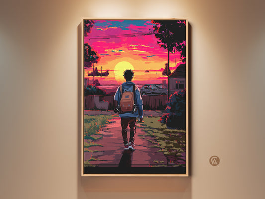 Framed Pixel Art Urban Sunset Print. The retrofuturism artwork shows a person with a backpack walking towards a magenta sunset. This vibrant canvas art is a unique anime gift idea for eclectic room decor.