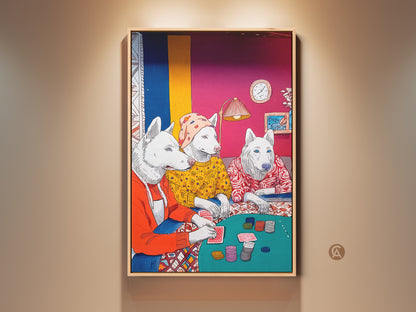 A framed canvas print showcases a whimsical dog art piece. This artwork features poker-playing huskies adding an eclectic touch to home decor. The teal and orange palette enhances its charm making it ideal animal wall art.
