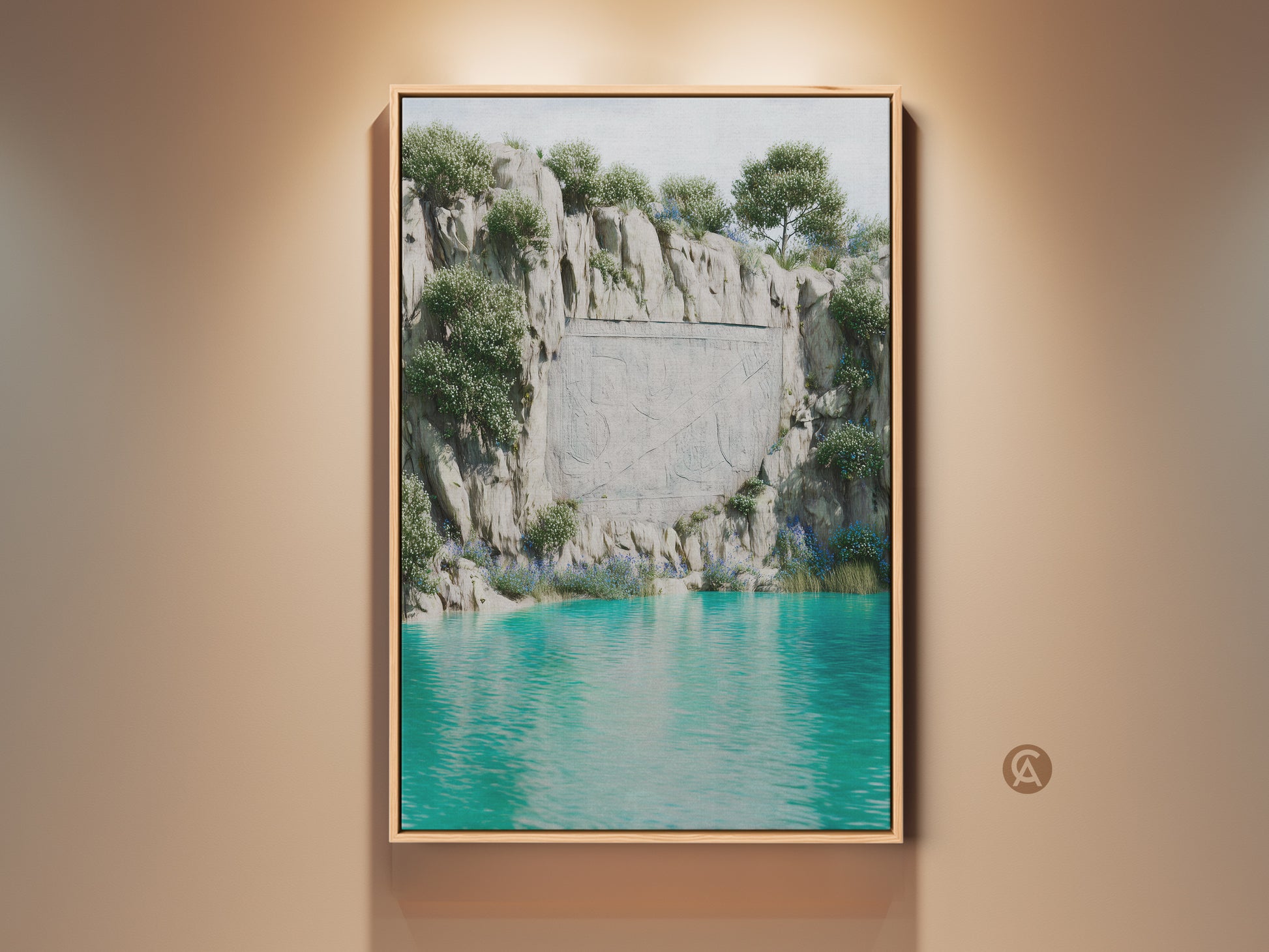 Surreal cliff landscape art print in a light wood frame. Teal turquoise water below a carved stone cliff face creates fantasy nature wall art. An eclectic home decor gift idea. This unique art print adds a calm artistic accent to any space. A perfect housewarming gift for travel enthusiasts.