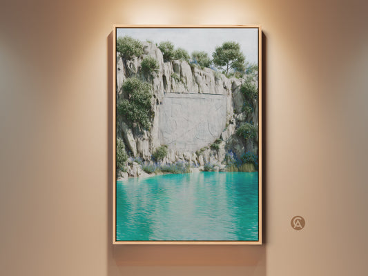 Surreal cliff landscape art print in a light wood frame. Teal turquoise water below a carved stone cliff face creates fantasy nature wall art. An eclectic home decor gift idea. This unique art print adds a calm artistic accent to any space. A perfect housewarming gift for travel enthusiasts.