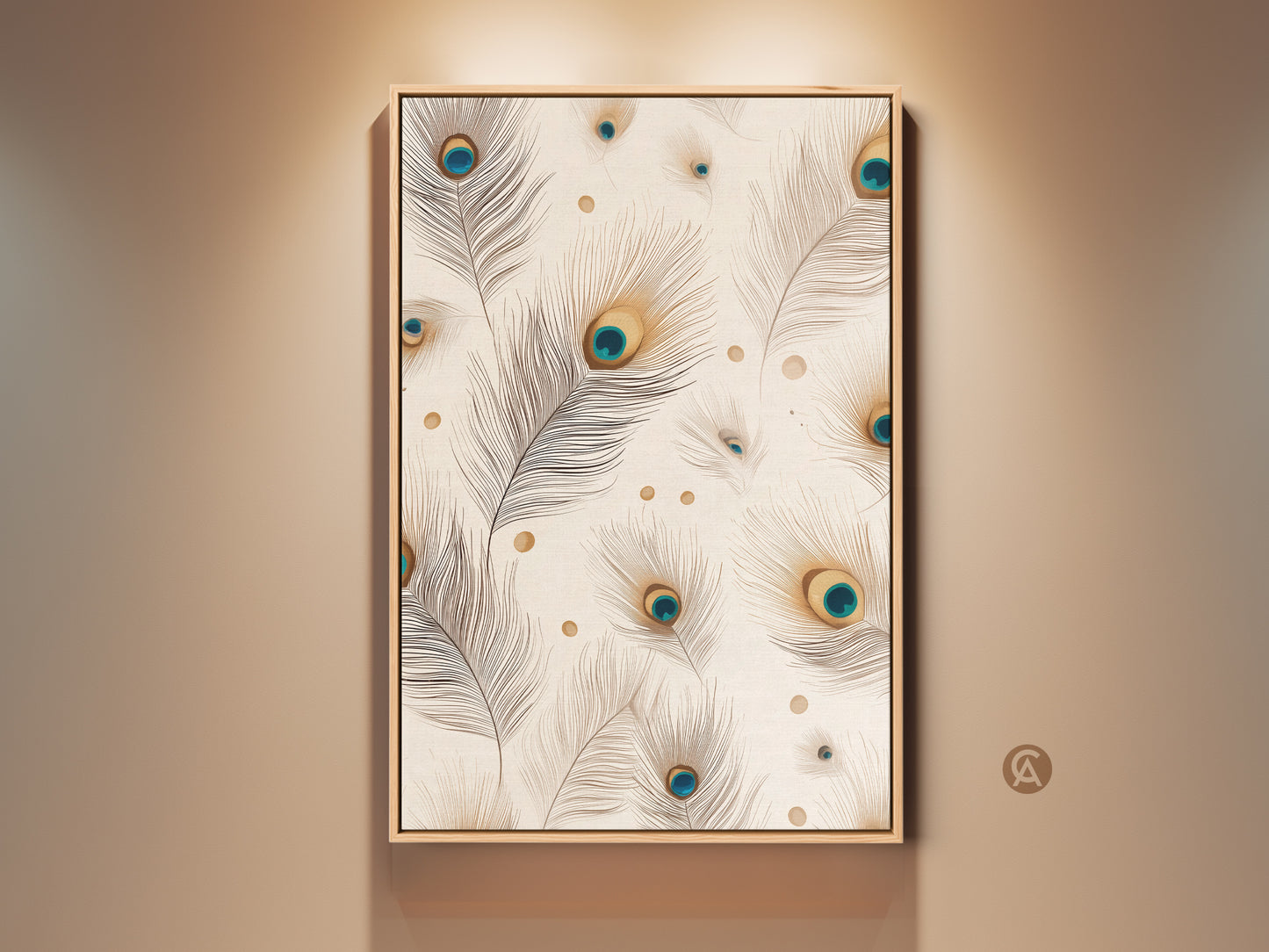 Framed minimalist peacock feather art. Beige teal and gold abstract nature print. It's a boho botanical canvas wall art piece. Perfect for a bedroom or living room. The frame complements the artwork.