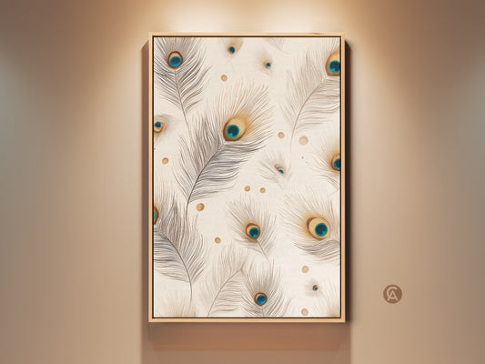Framed minimalist peacock feather art. Beige teal and gold abstract nature print. It's a boho botanical canvas wall art piece. Perfect for a bedroom or living room. The frame complements the artwork.