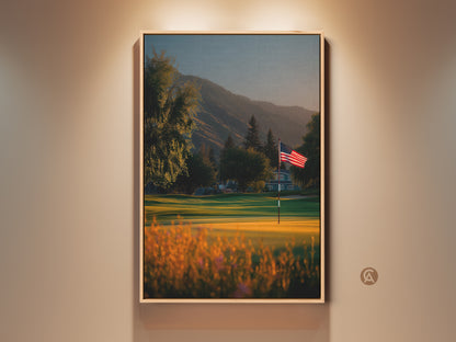 Framed art print showcases an American flag on a lush golf course. The artwork captures a serene scene with rolling green hills and a vibrant sunset. Perfect patriotic wall decor. Buy now!
