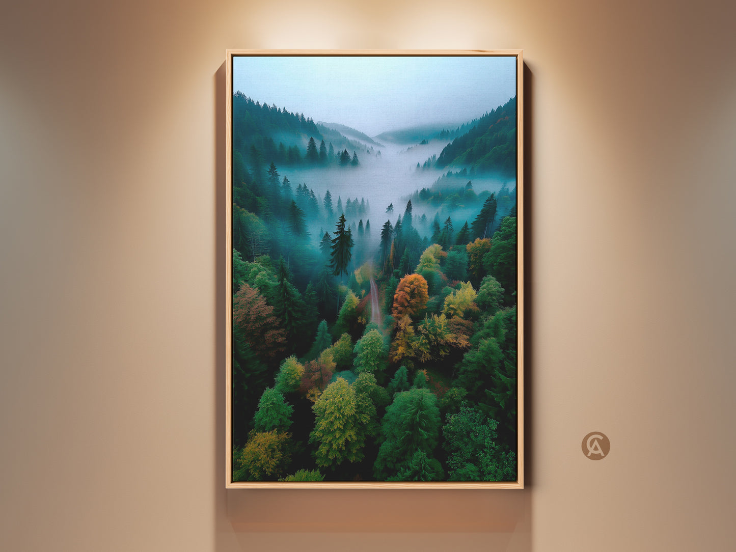 Framed forest artwork capturing a misty mountain valley. The aerial perspective highlights the lush green trees. Hints of fall colors create a vibrant landscape. This framed art is perfect for nature lovers seeking serene wall decor.