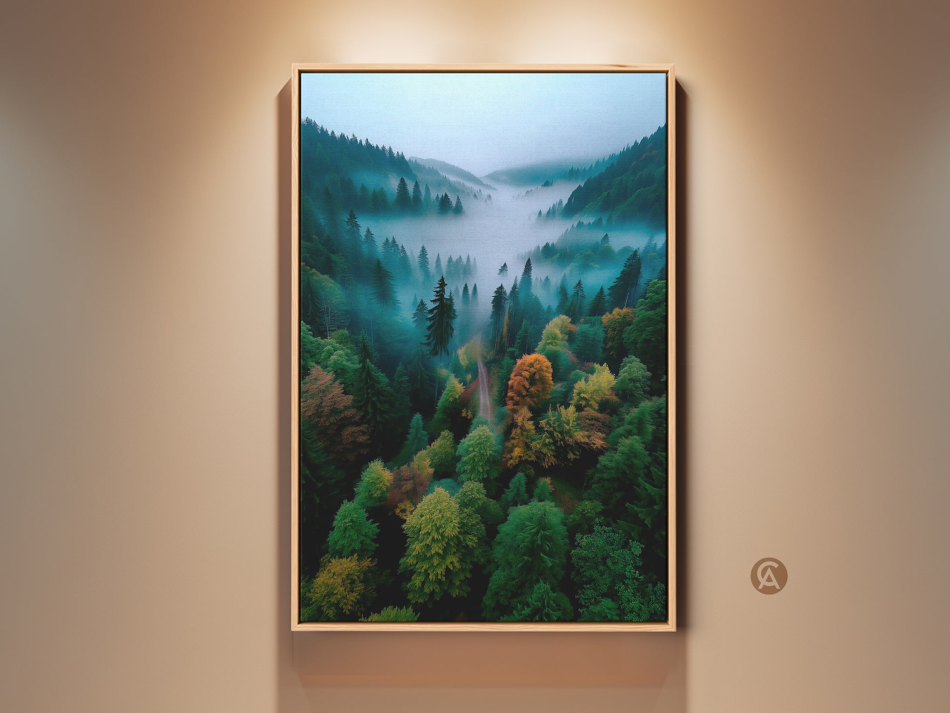 Framed forest artwork capturing a misty mountain valley. The aerial perspective highlights the lush green trees. Hints of fall colors create a vibrant landscape. This framed art is perfect for nature lovers seeking serene wall decor.
