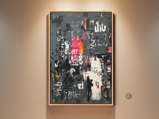 View stunning abstract art on canvas. The artwork features an urban collage style. Bold colors and textures create a visually striking piece. Perfect for modern decor. Shop now for museum-quality art.