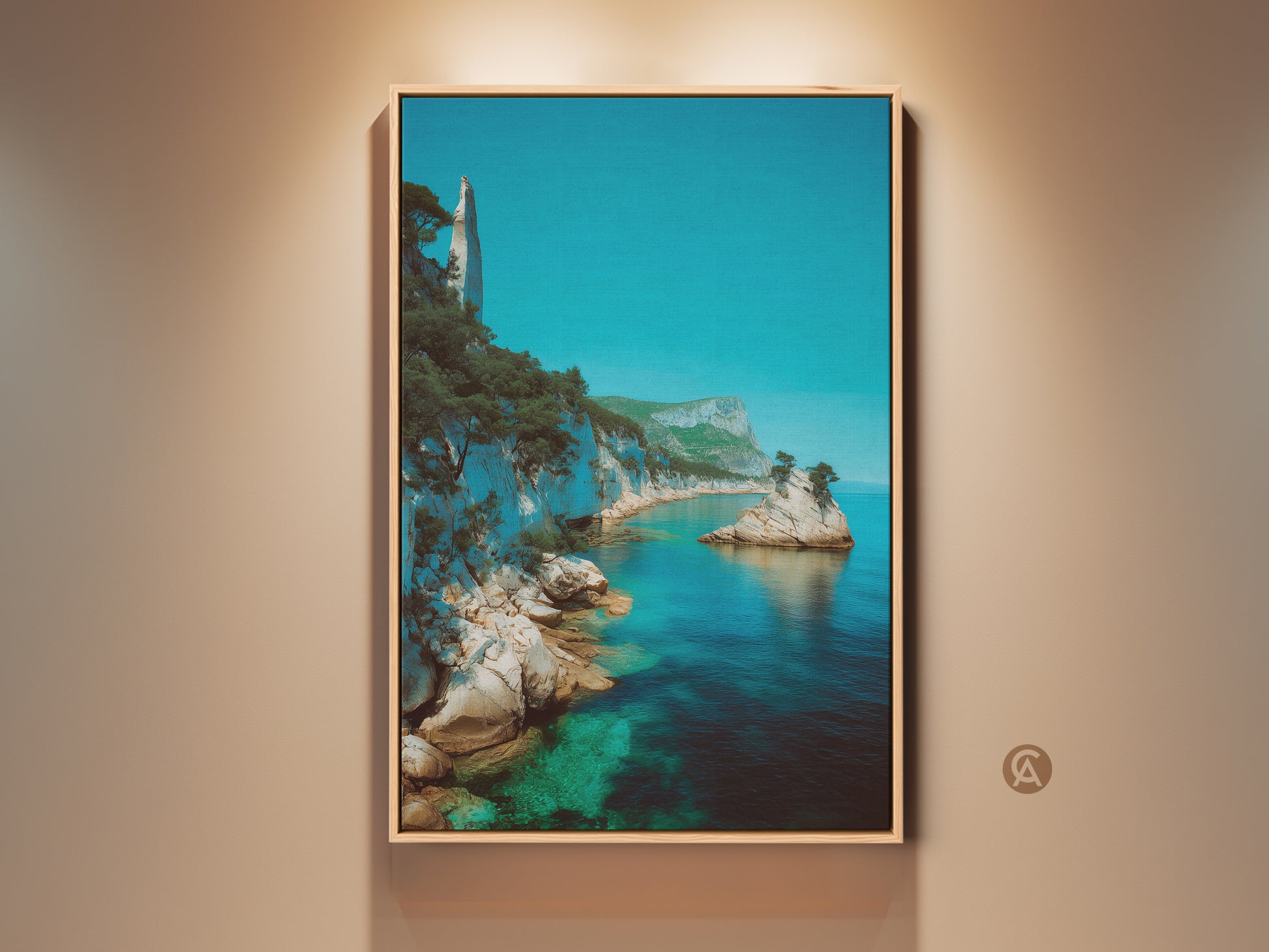Elevate your space with this stunning Azure Ocean Cliff Canvas Art. The turquoise coastal wall decor features a serene Mediterranean view. This framed artwork is a perfect gift for beach lovers. It brings coastal charm to any residential space with its deep blue ocean print.