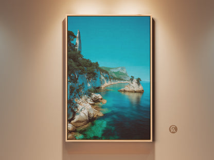 Elevate your space with this stunning Azure Ocean Cliff Canvas Art. The turquoise coastal wall decor features a serene Mediterranean view. This framed artwork is a perfect gift for beach lovers. It brings coastal charm to any residential space with its deep blue ocean print.