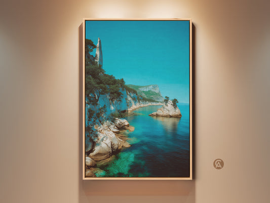 Elevate your space with this stunning Azure Ocean Cliff Canvas Art. The turquoise coastal wall decor features a serene Mediterranean view. This framed artwork is a perfect gift for beach lovers. It brings coastal charm to any residential space with its deep blue ocean print.