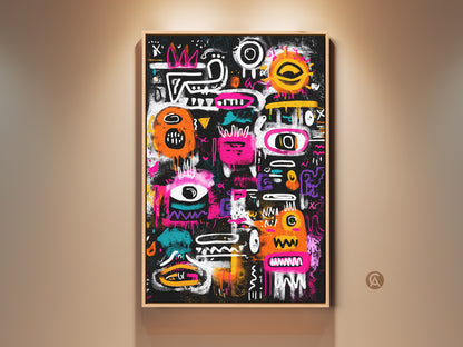 Framed abstract graffiti art print. This modern wall art features vibrant colors and bold lines. The artwork is displayed in a natural wood frame. Perfect for adding a unique touch to any space. Shop now and elevate your home decor with this eye-catching piece