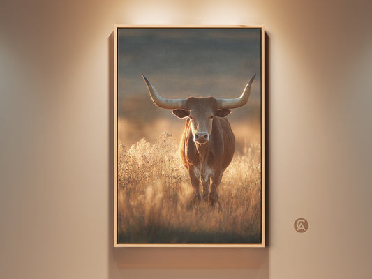 Framed longhorn bull canvas print displayed on a beige wall. This rustic western wildlife art piece features earthy tones and golden yellow accents. The cowboy home decor adds a touch of rugged elegance. The frame enhances the photorealistic bull canvas creating a captivating focal point.