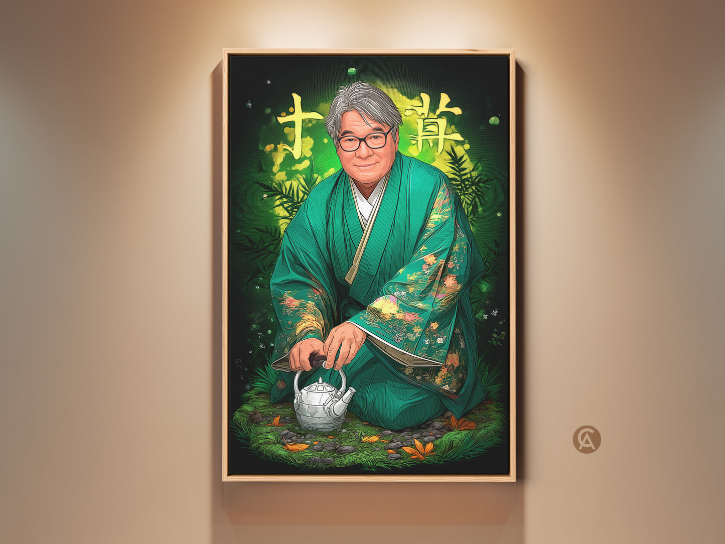 Zen Japanese man portrait in emerald green kimono art print. Features a traditional teapot cultural wall decor. This eclectic home gift brings sophistication to any space. The green hues bamboo accents and illustrative style serve as captivating wall art.