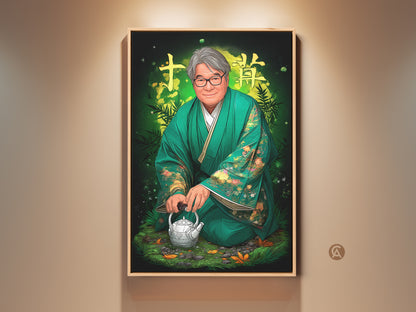 Zen Japanese man portrait in emerald green kimono art print. Features a traditional teapot cultural wall decor. This eclectic home gift brings sophistication to any space. The green hues bamboo accents and illustrative style serve as captivating wall art.