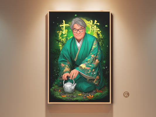 Zen Japanese man portrait in emerald green kimono art print. Features a traditional teapot cultural wall decor. This eclectic home gift brings sophistication to any space. The green hues bamboo accents and illustrative style serve as captivating wall art.