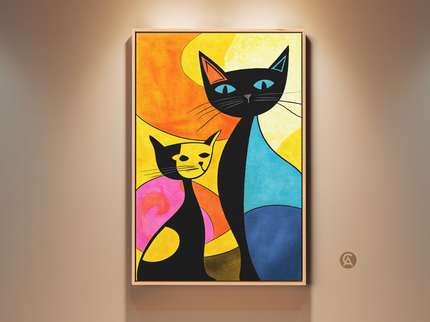 A framed cat art print hangs on a beige wall. This colorful feline artwork features a black cat and a yellow cat. The wall art is available as a canvas or poster print.