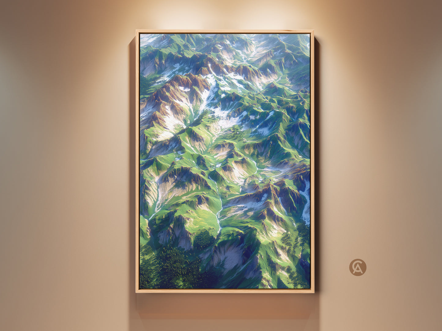 Framed aerial mountain landscape artwork. The wall art is displayed in a floating frame. The frame complements the green and snow-capped peaks. Elevate your home decor with nature-inspired art. Shop now to bring the beauty of the mountains indoors. Perfect for living rooms and offices.