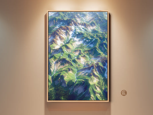 Framed aerial mountain landscape artwork. The wall art is displayed in a floating frame. The frame complements the green and snow-capped peaks. Elevate your home decor with nature-inspired art. Shop now to bring the beauty of the mountains indoors. Perfect for living rooms and offices.