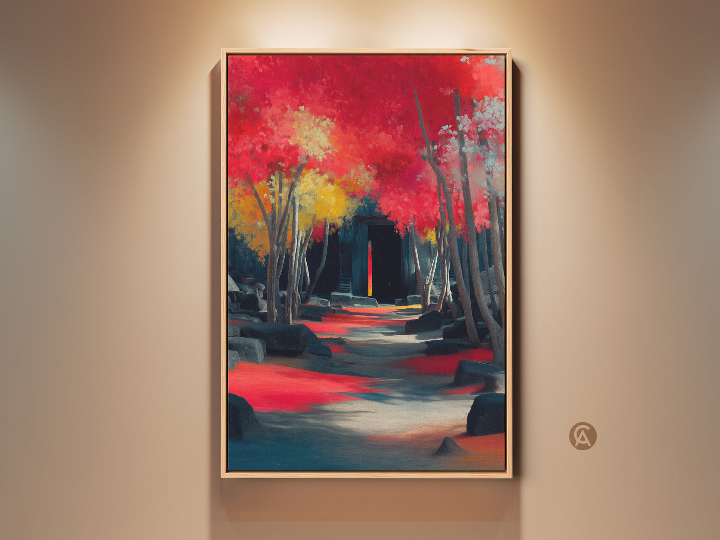 Crimson red teal ancient ruins canvas art. Features an impressionistic pathway print through trees. It serves as an eclectic home decor canvas. Also a housewarming gift for travel enthusiasts. The nature inspired wall art is vibrant.