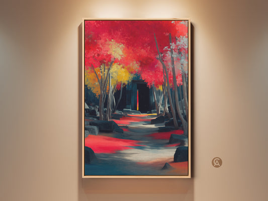 Crimson red teal ancient ruins canvas art. Features an impressionistic pathway print through trees. It serves as an eclectic home decor canvas. Also a housewarming gift for travel enthusiasts. The nature inspired wall art is vibrant.