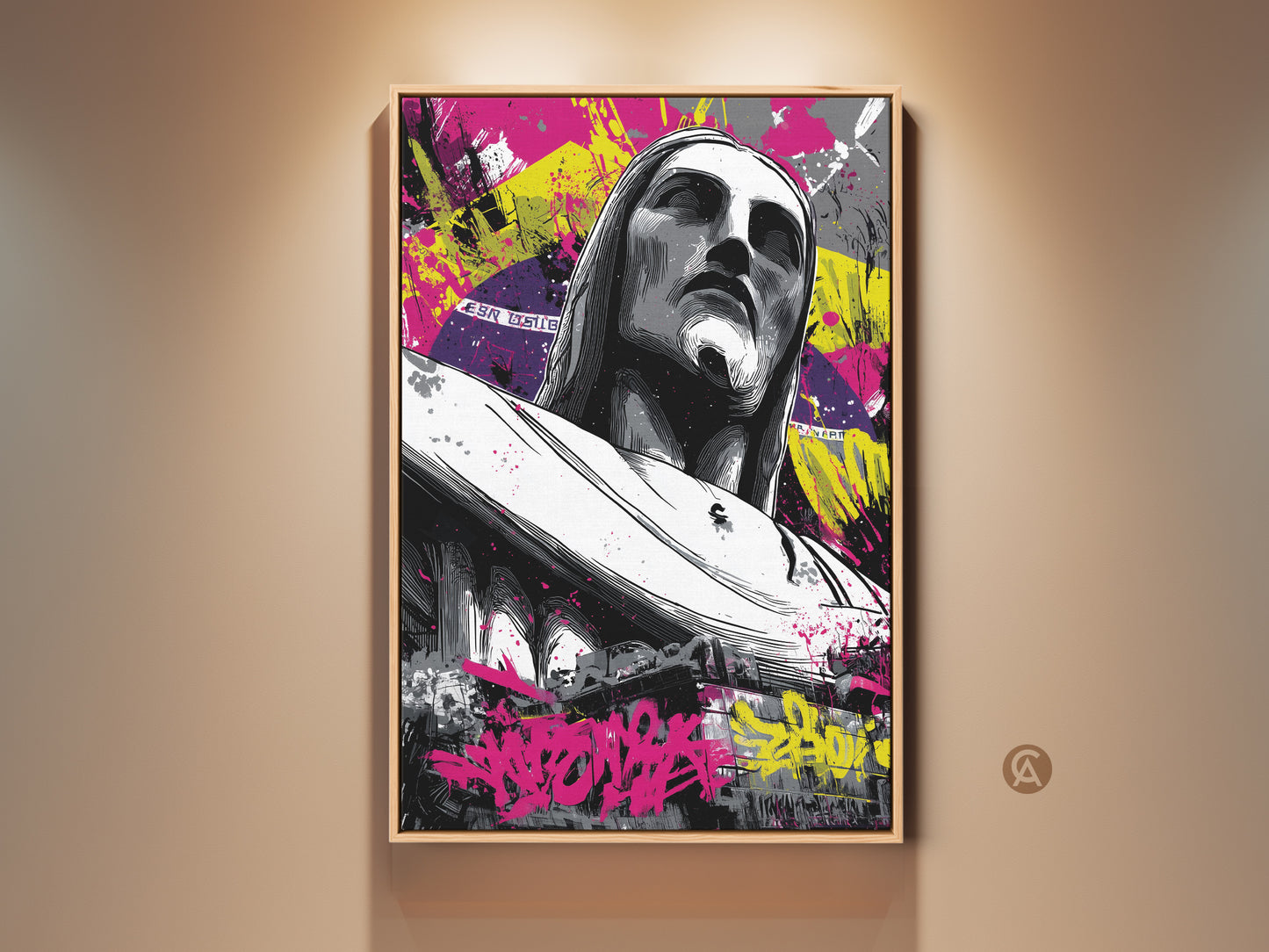 Christ the Redeemer canvas art print. Urban graffiti wall decor with abstract splatter street art. This artwork features black yellow and pink accents. It's a modern eclectic piece for office and home spaces. Buy this unique piece today