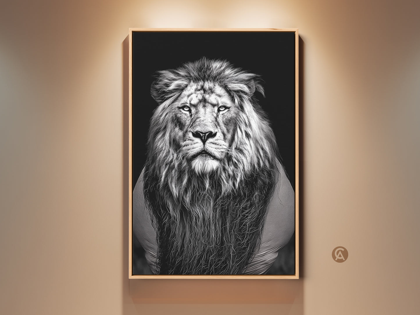 A framed photorealistic lion canvas art print is displayed. The monochrome wildlife art adds a bold touch to any room. Ideal black and white animal wall decor for an office study or home. A great gift for animal lovers. The contemporary artwork captures the majestic king lion in stunning detail.