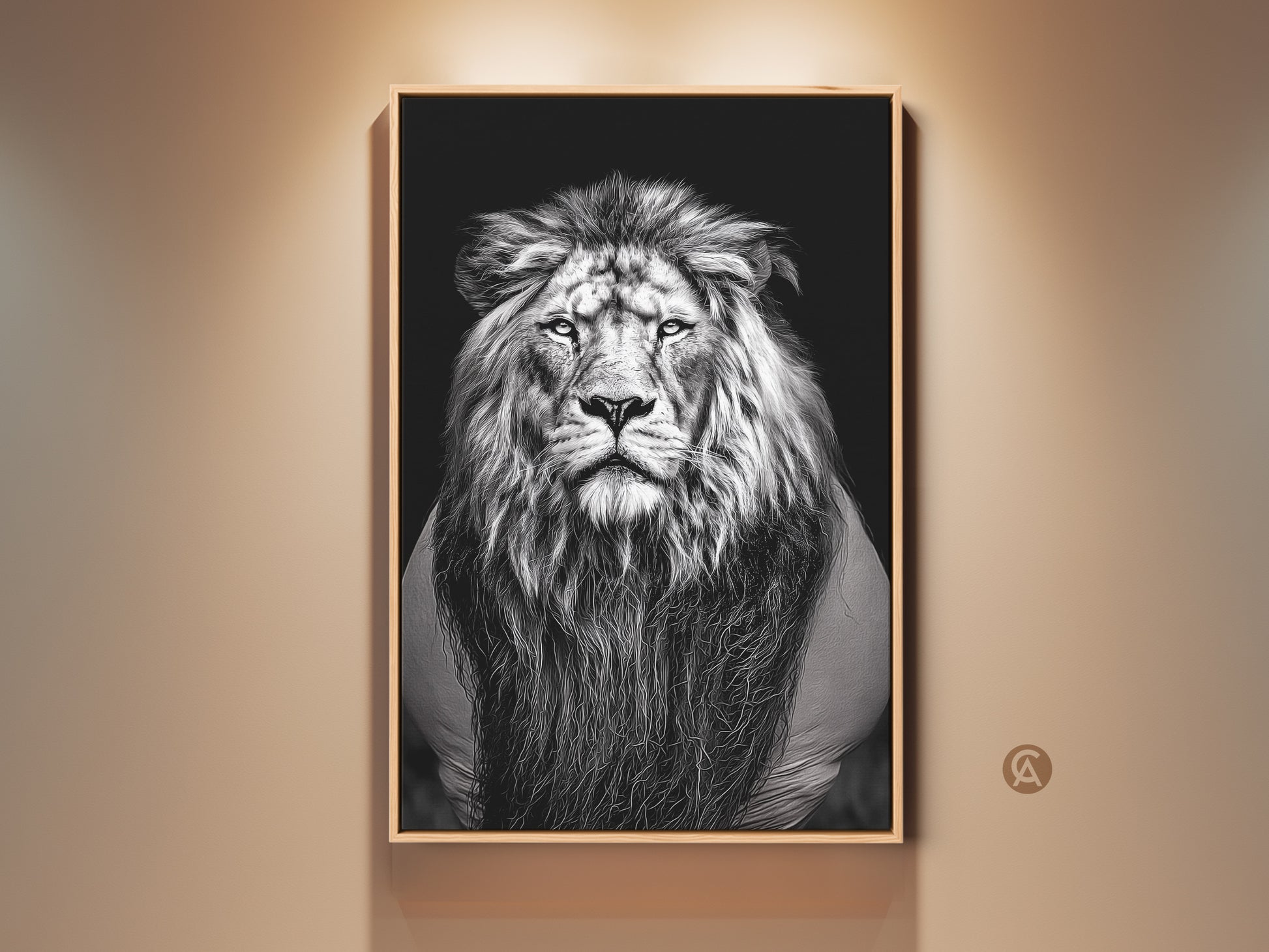 A framed photorealistic lion canvas art print is displayed. The monochrome wildlife art adds a bold touch to any room. Ideal black and white animal wall decor for an office study or home. A great gift for animal lovers. The contemporary artwork captures the majestic king lion in stunning detail.