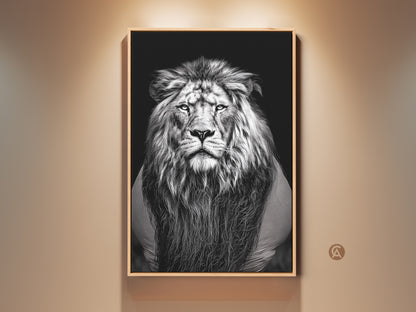 A framed photorealistic lion canvas art print is displayed. The monochrome wildlife art adds a bold touch to any room. Ideal black and white animal wall decor for an office study or home. A great gift for animal lovers. The contemporary artwork captures the majestic king lion in stunning detail.