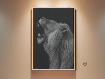 Hyper-realistic lion roar canvas art framed in a modern living space. The monochrome wildlife wall print adds a touch of elegance. See the black and white animal artwork for bedroom decor. A statement wall art piece for your home or office. Experience powerful animal art with this unique wall hanging.