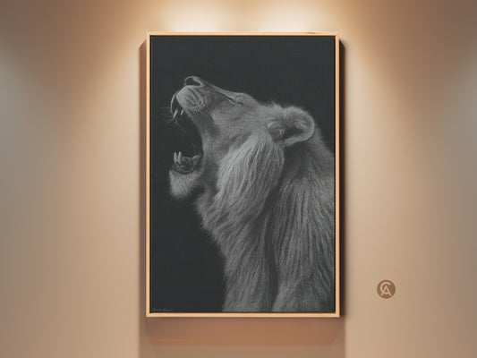 Hyper-realistic lion roar canvas art framed in a modern living space. The monochrome wildlife wall print adds a touch of elegance. See the black and white animal artwork for bedroom decor. A statement wall art piece for your home or office. Experience powerful animal art with this unique wall hanging.