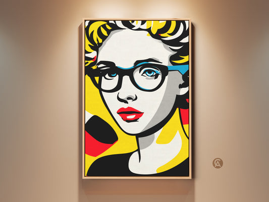 Framed pop art portrait of a woman with glasses. The artwork has a yellow backdrop. The art is on display with a warm spotlight highlighting the texture of the canvas.