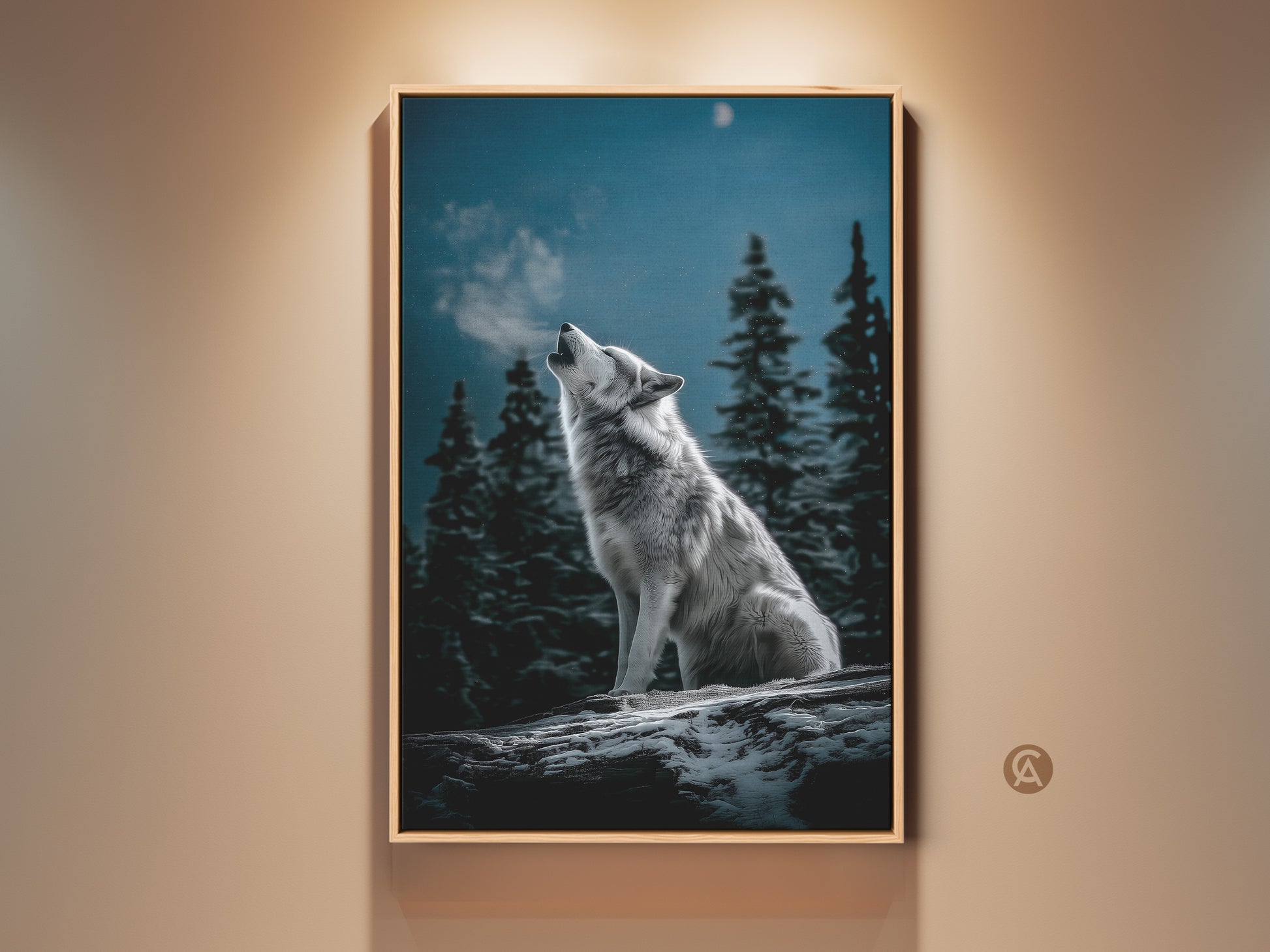 Rustic wildlife wall art featuring a wolf howling. The art captures a winter forest scene with a moonlit sky. This gray and blue nature decor is framed in wood. Ideal gift for animal lovers. Enhance your cabin or living room with this rustic wolf artwork print.