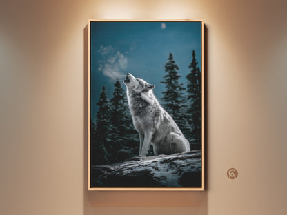 Rustic wildlife wall art featuring a wolf howling. The art captures a winter forest scene with a moonlit sky. This gray and blue nature decor is framed in wood. Ideal gift for animal lovers. Enhance your cabin or living room with this rustic wolf artwork print.