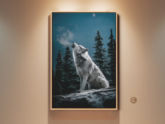 Rustic wildlife wall art featuring a wolf howling. The art captures a winter forest scene with a moonlit sky. This gray and blue nature decor is framed in wood. Ideal gift for animal lovers. Enhance your cabin or living room with this rustic wolf artwork print.