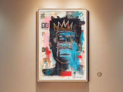 Framed Basquiat-inspired artwork. The painting features a blue face with a crown. Bold color splashes and graffiti elements enhance this striking piece. Perfect for modern art collectors. Elevate your decor with this unique art print. A captivating focal point for any room. Shop now for museum-quality canvas art.