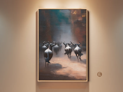 Rustic Wildebeest Herd Canvas Art in Earth Tones. Impressionist wildlife painting perfect for savanna landscape wall decor. A striking piece bringing nature indoors. Consider it for a unique housewarming gift or rustic home accent.